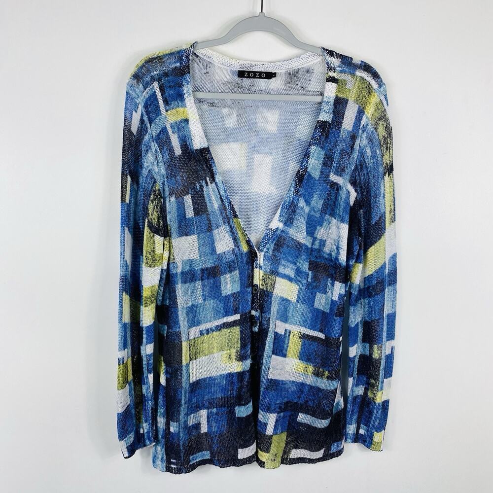 Zozo Sz Large Printed Linen Blend Lightweight Button Front Topper Cardigan Blue